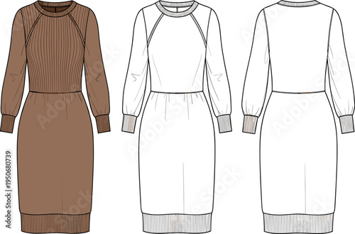 Women's Ribbed Knit Midi Dress Technical Sketch, Brown Fashion Flat Vector Illustration