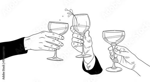 celebratory cheers with three hands holding wine glasses in a black and white line art illustration symbolizing joy and friendship.