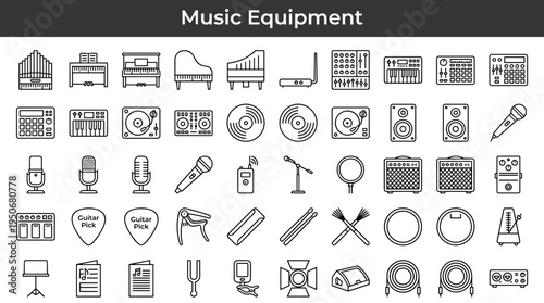 Sound making devices used in orchestras bands and solo performances illustrated as minimal outline icons representing diverse