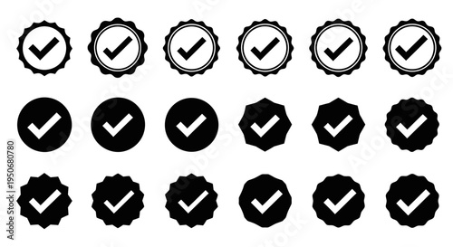 checkmark icons and verified approval symbols in various circular and badge shapes ideal for ui design and status indication.