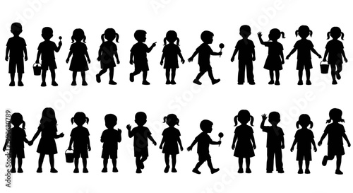 child silhouettes of diverse young boys and girls standing and playing isolated on a white background ideal for early childhood designs
