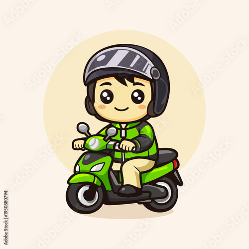 Cute cartoon rider on a green scooter wearing a helmet