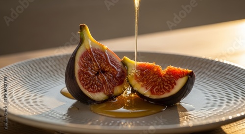 Fresh ripe fig halved with honey drizzle on textured plate