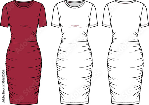 Women's Ruched Bodycon Dress Vector Set - Flat Technical Sketch and Fashion Mockup Illustration