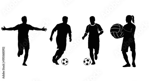 diverse athletic silhouettes of male soccer players and a female volleyball player actively engaged in sports.