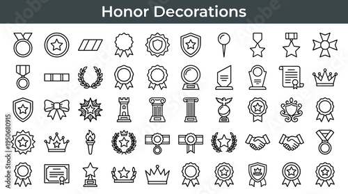 Symbols of victory recognition and achievement including honor decorations commemorative tokens and prize distinctions illustrated