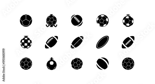 diverse black and white sports ball icons collection for soccer rugby and american football ideal for graphic design.