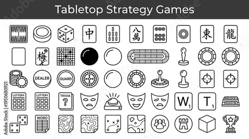 Tabletop strategy and social play items including classic parlor entertainment equipment and family gaming accessories illustrated