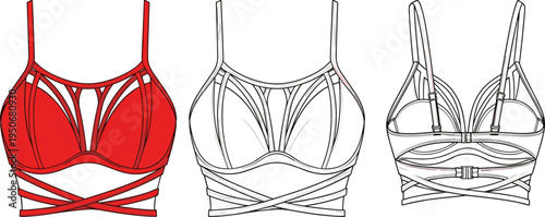 Women's Strappy Bikini Top Technical Sketch Flat Illustration, Red Swimwear Bra Vector Design