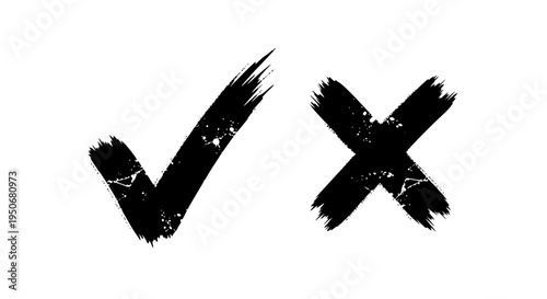 grunge check mark and x symbol in a textured brush stroke style ideal for conveying concepts of right wrong decision making or feedback.