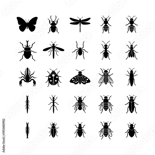 Variety of insect and bug silhouettes for depicting nature, wildlife, pests, and entomology themes