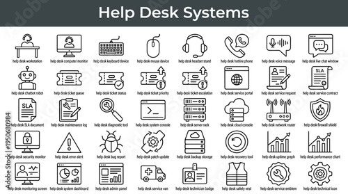 Technical assistance tools and help desk infrastructure illustrated as minimal outline icons representing communication channels