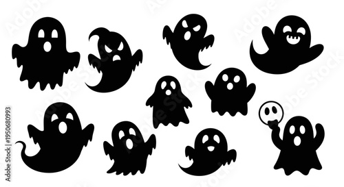 halloween ghosts vector collection features spooky and cute cartoon spirits for party decorations invitations or holiday designs.