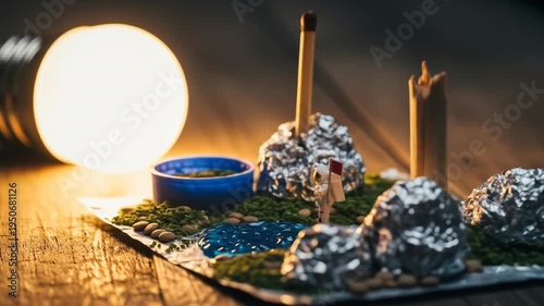 A miniature landscape with a blue bowl, foil structures, and twigs on a wooden surface illuminated by a large light source