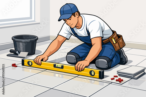 Professional Tile Installation Worker Leveling Floor Tiles with Spirit Level – Construction Concept