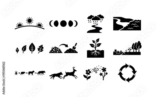 Sunrise to sunset timeline icon, waxing and waning moon symbol, rainfall to river flow icon, river to ocean symbol, leaf growth
