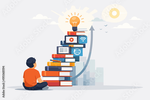 Self Education and Career Growth Concept with Books, Online Learning and Success Progress Illustration