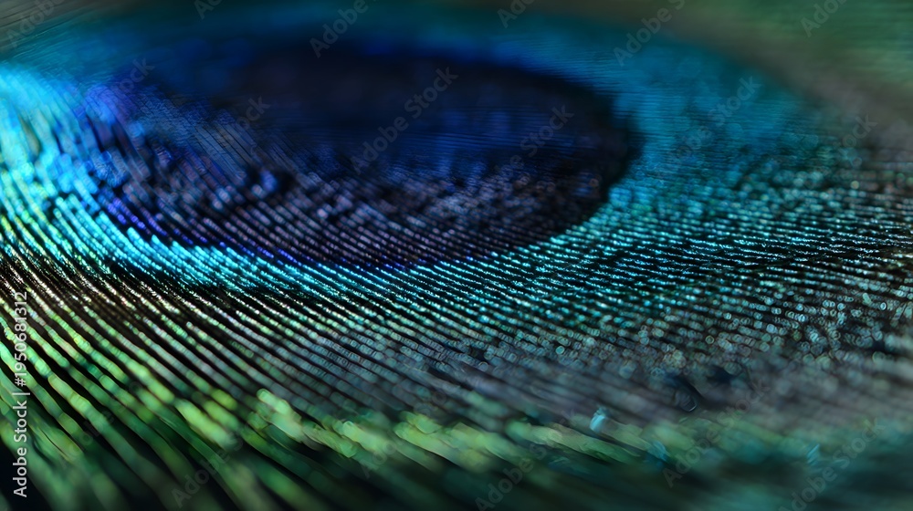 Naklejka premium Iridescent peacock feather close up reveals stunning blues greens shimmering beauty nature macro photography