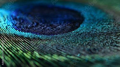Iridescent peacock feather close up reveals stunning blues greens shimmering beauty nature macro photography
