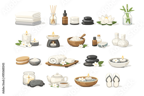 Spa and Wellness Icons Set with Aromatherapy, Candles, Essential Oils and Relaxation Elements