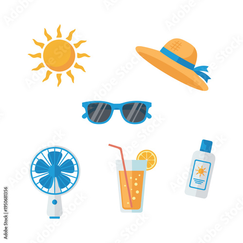 Summer essentials flat icons featuring objects protecting from heat and sun, including a straw hat, cool drink, and SPF lotion