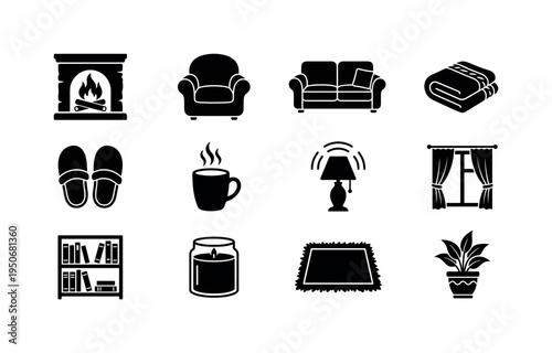 Fireplace with burning logs icon, comfy armchair silhouette, soft sofa couch icon, knitted blanket folded symbol, warm slippers
