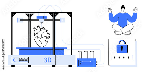 Healthcare innovation, data security, mindfulness practices, future technology, medical advancements, creative solutions. 3D printer creating a heart, lock icon meditating person. Healthcare