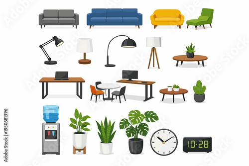 Modern Furniture and Home Decor Icons Set with Sofa, Chairs, Tables, Lamps and Plants