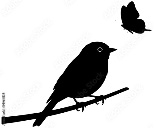 Bird perched on branch with butterfly flying nearby in nature