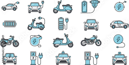 Electric Vehicle and EV Charging Icon Set with Electric Cars Scooters Motorcycles Batteries Charging Stations and Plug Energy Symbols