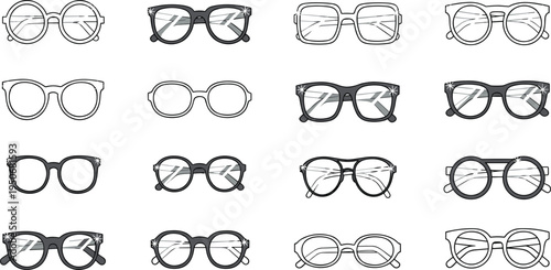 Eyeglasses Frame Collection with Round Square Retro and Modern Optical Glasses Styles Fashion Eyewear Outline Icon Set Vector Illustration