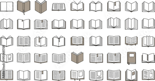 Open Book and Reading Literature Line Icon Collection with Various Book Positions Library Study Education and Knowledge Symbols Vector Set