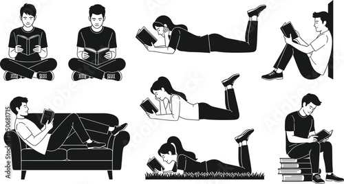 People Reading Books Silhouette Set with Men and Women Sitting Lying Relaxing and Studying Literature Education Hobby Vector Illustration Collection