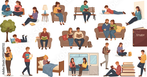 People Reading Books Studying and Relaxing at Home and Outdoors Illustration Set with Students Couples Library Sofa Bed Study Activities Vector Collection