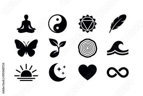 Tree with half bare half leafy icon, seed packet planting symbol, gardener watering plant icon, sapling protected by hands symbol,