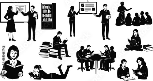 People Reading Studying Teaching and Business Meeting Silhouette Collection with Students Teachers Presentation Discussion and Learning Activities Vector Illustration Set