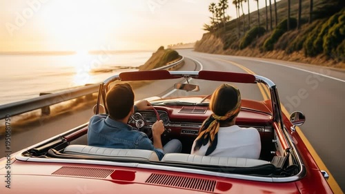 A smiling couple enjoys a scenic drive along a coastal road in a vintage convertible at sunset
