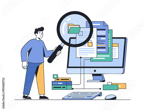 Man holding a magnifying glass, examining documents and files on a computer screen, reviewing data privacy and cyber security