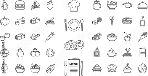 Restaurant Food and Kitchen Line Icon Set with Burger Pizza Noodles Chef Hat Menu Plate Vegetables and Cooking Symbols Vector Collection