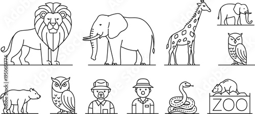 Wild Animals Zoo Line Icon Set Featuring Lion Elephant Giraffe Owl Bear Snake and Zookeeper Characters Minimal Wildlife Outline Vector Collection