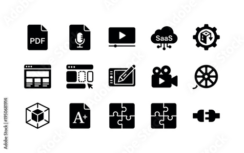 Collection of modern flat icons representing digital services and creative tools