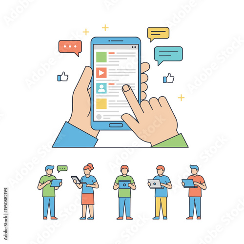 Hands scrolling a smartphone screen with social media feed and chat bubbles. Users engaging with digital content and global network