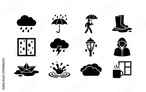 Rain cloud with falling drops icon, umbrella open in rain symbol, person walking under umbrella icon, rubber boots in puddle