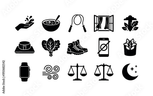 Gardening therapy icon, pilates reformer symbol, fresh berries bowl icon, water splash face wash symbol, tai chi pose silhouette