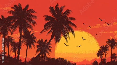 Palm trees silhouetted against large sun over tropical coast