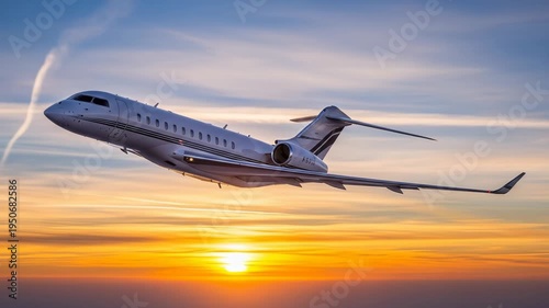 A white airplane flies towards the left on a sunset sky with orange, yellow, and blue hues