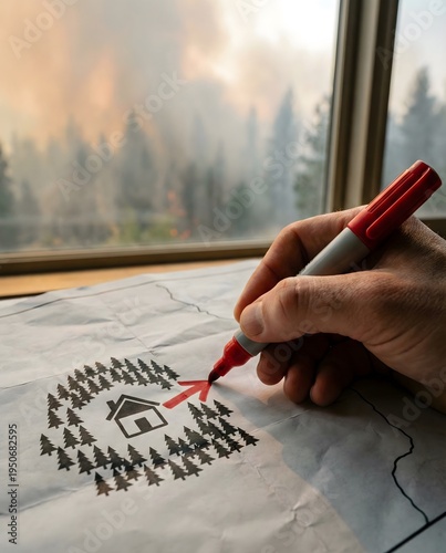 Hand drawing evacuation route on map with red marker against window view of forest fire, emergency planning and disaster safety concept