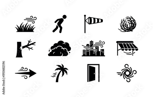 Light breeze swirl icon, tree leaves fluttering symbol, picnic blanket lifting icon, cap blowing away symbol, wind over mountain
