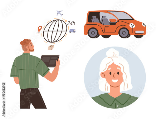 Carsharing, logistics, global services, transportation, user profiles, tech integration. A man with a tablet interacting with digital icons, a car and a user profile. Carsharing and logistics