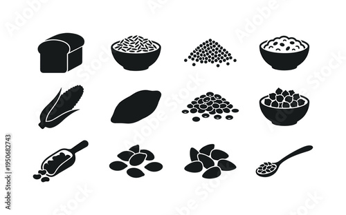 Whole grain bread slice, brown rice bowl, quinoa pile, oatmeal bowl, corn cob, sweet potato, lentil heap, chickpeas bowl, black